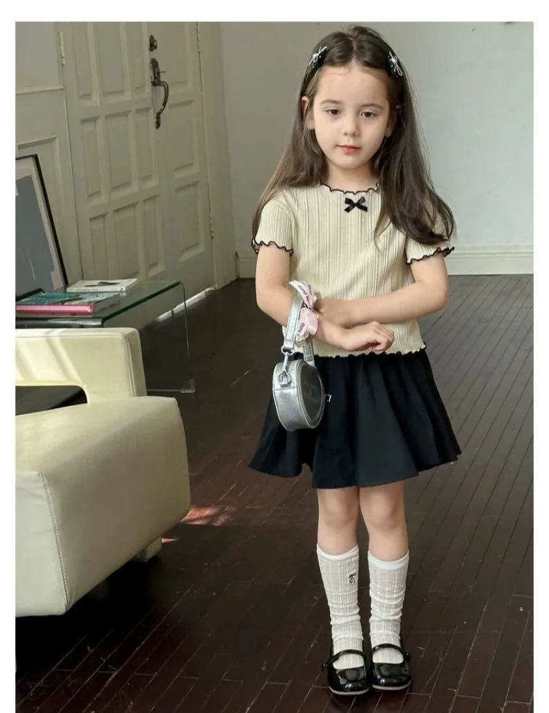 1-12Y Girl's Shirts Korean-style Knitted Lace-Trimmed Short-Sleeve Summer Ruched Tops Trendy Breathable Bow Tie Versatile Tee