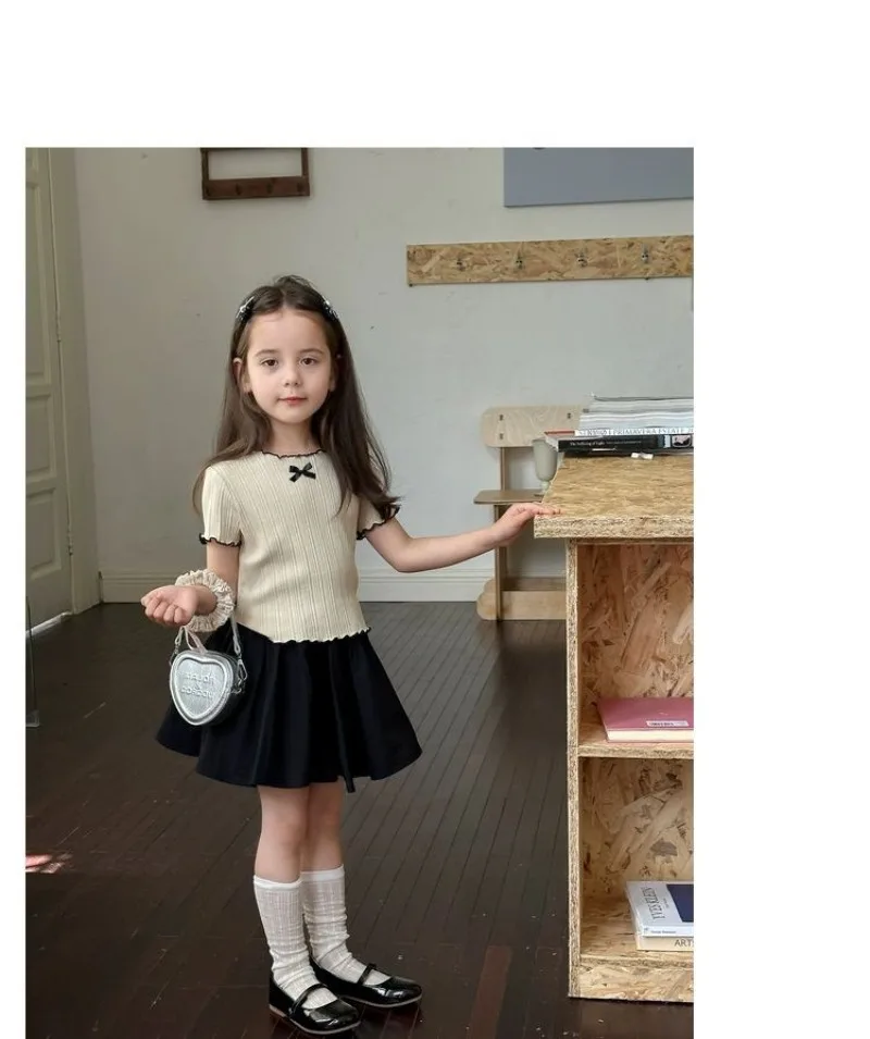 1-12Y Girl's Shirts Korean-style Knitted Lace-Trimmed Short-Sleeve Summer Ruched Tops Trendy Breathable Bow Tie Versatile Tee