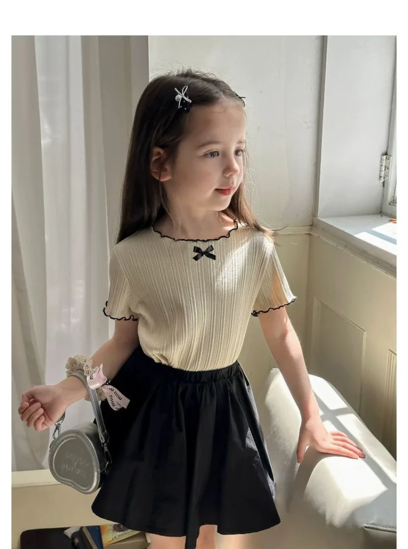 1-12Y Girl's Shirts Korean-style Knitted Lace-Trimmed Short-Sleeve Summer Ruched Tops Trendy Breathable Bow Tie Versatile Tee