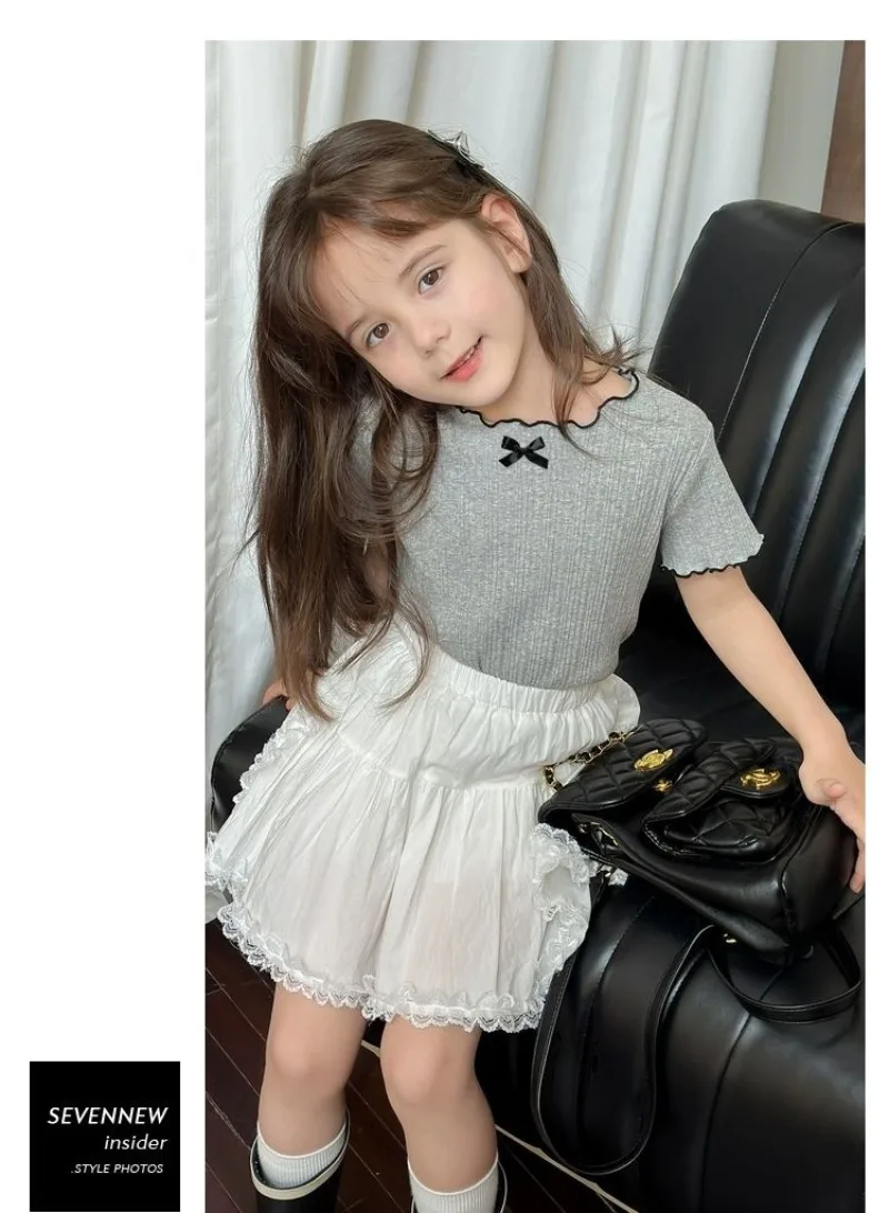 1-12Y Girl's Shirts Korean-style Knitted Lace-Trimmed Short-Sleeve Summer Ruched Tops Trendy Breathable Bow Tie Versatile Tee