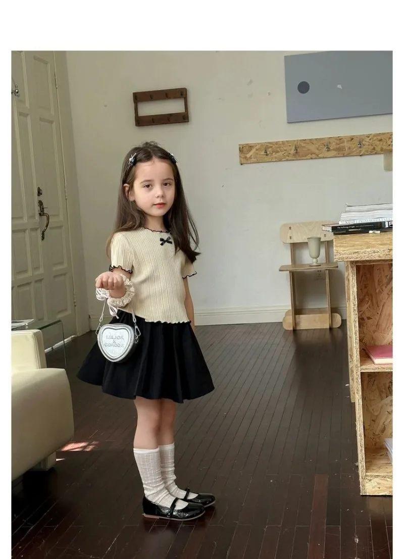 1-12Y Girl's Shirts Korean-style Knitted Lace-Trimmed Short-Sleeve Summer Ruched Tops Trendy Breathable Bow Tie Versatile Tee