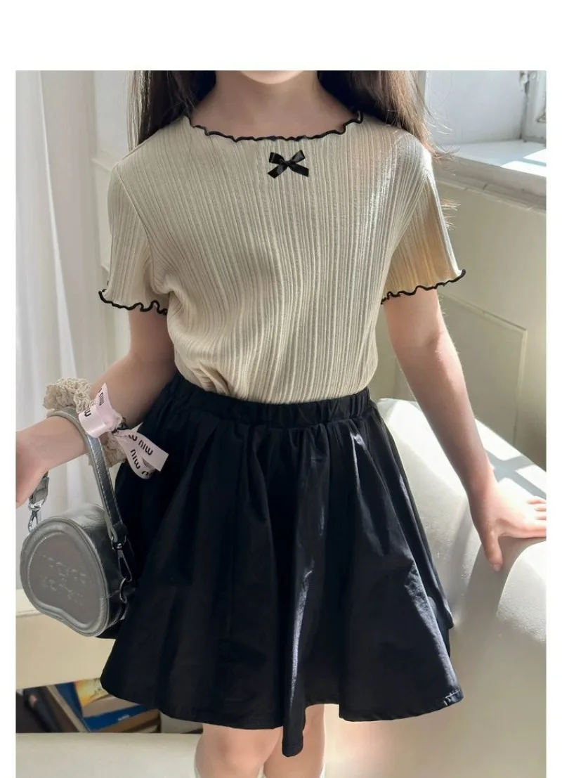 1-12Y Girl's Shirts Korean-style Knitted Lace-Trimmed Short-Sleeve Summer Ruched Tops Trendy Breathable Bow Tie Versatile Tee