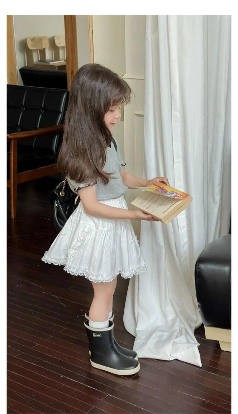 1-12Y Girl's Shirts Korean-style Knitted Lace-Trimmed Short-Sleeve Summer Ruched Tops Trendy Breathable Bow Tie Versatile Tee