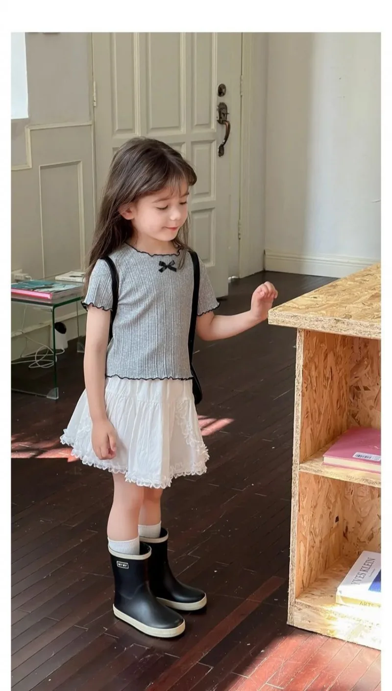 1-12Y Girl's Shirts Korean-style Knitted Lace-Trimmed Short-Sleeve Summer Ruched Tops Trendy Breathable Bow Tie Versatile Tee