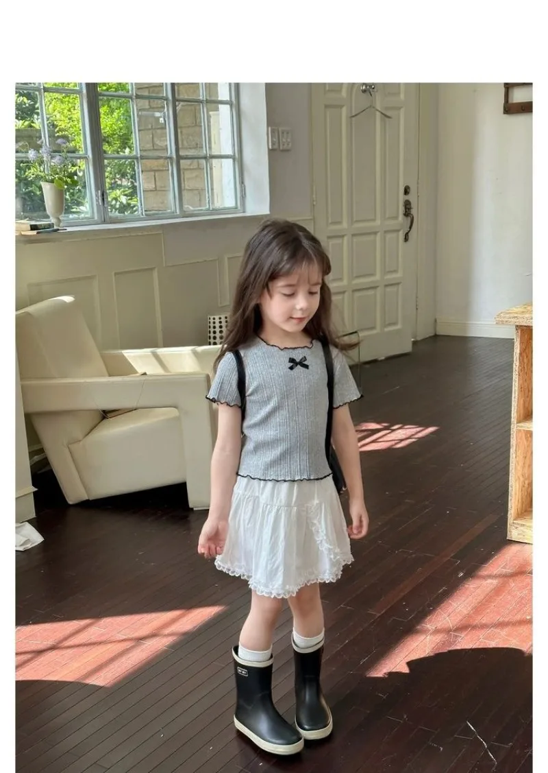 1-12Y Girl's Shirts Korean-style Knitted Lace-Trimmed Short-Sleeve Summer Ruched Tops Trendy Breathable Bow Tie Versatile Tee