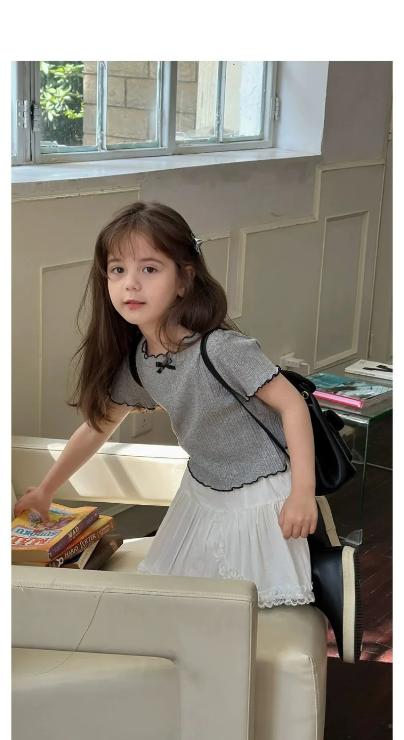 1-12Y Girl's Shirts Korean-style Knitted Lace-Trimmed Short-Sleeve Summer Ruched Tops Trendy Breathable Bow Tie Versatile Tee
