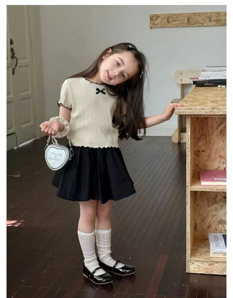 1-12Y Girl's Shirts Korean-style Knitted Lace-Trimmed Short-Sleeve Summer Ruched Tops Trendy Breathable Bow Tie Versatile Tee