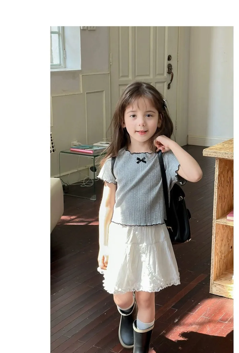 1-12Y Girl's Shirts Korean-style Knitted Lace-Trimmed Short-Sleeve Summer Ruched Tops Trendy Breathable Bow Tie Versatile Tee