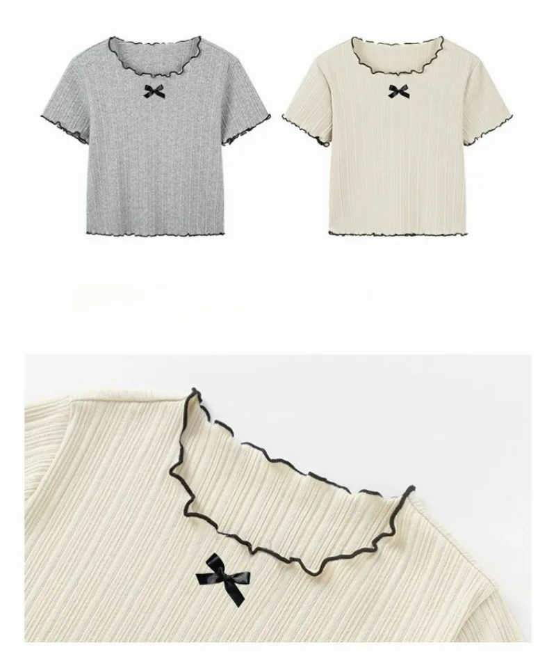 1-12Y Girl's Shirts Korean-style Knitted Lace-Trimmed Short-Sleeve Summer Ruched Tops Trendy Breathable Bow Tie Versatile Tee