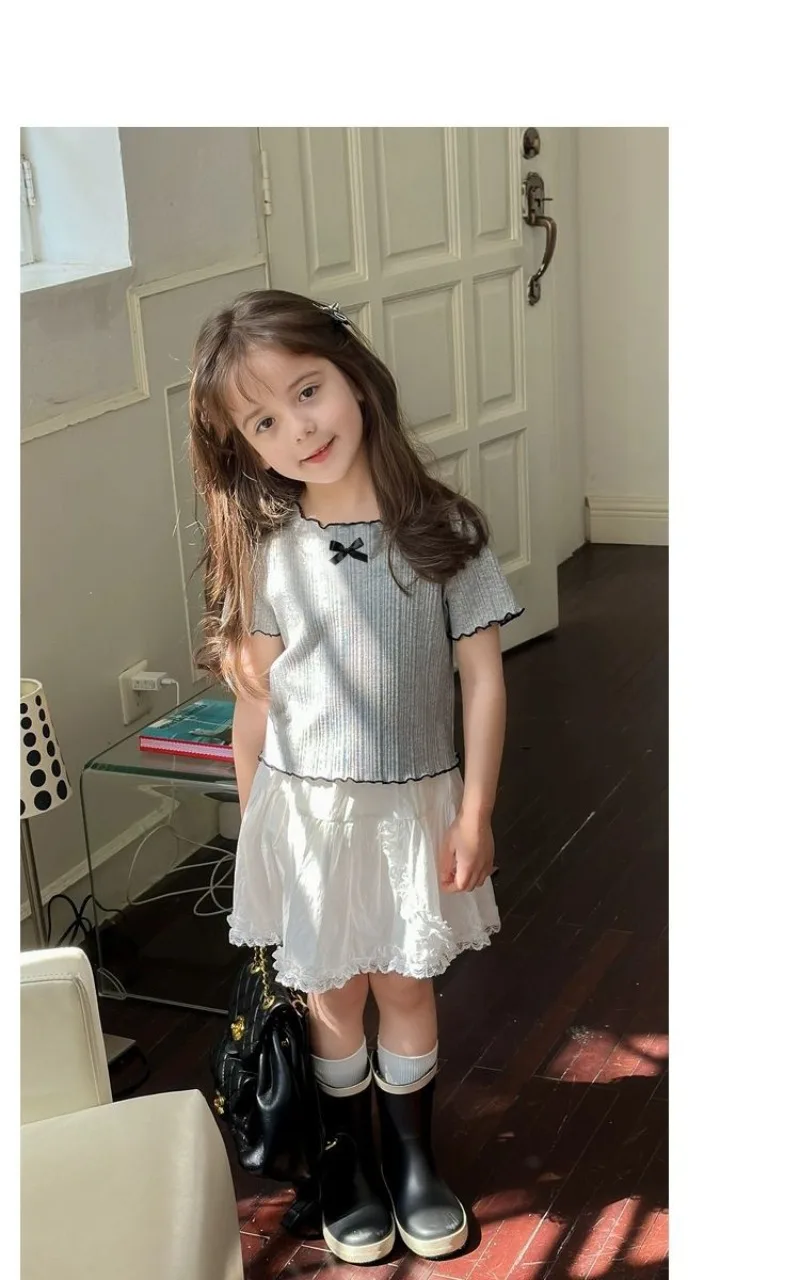 1-12Y Girl's Shirts Korean-style Knitted Lace-Trimmed Short-Sleeve Summer Ruched Tops Trendy Breathable Bow Tie Versatile Tee