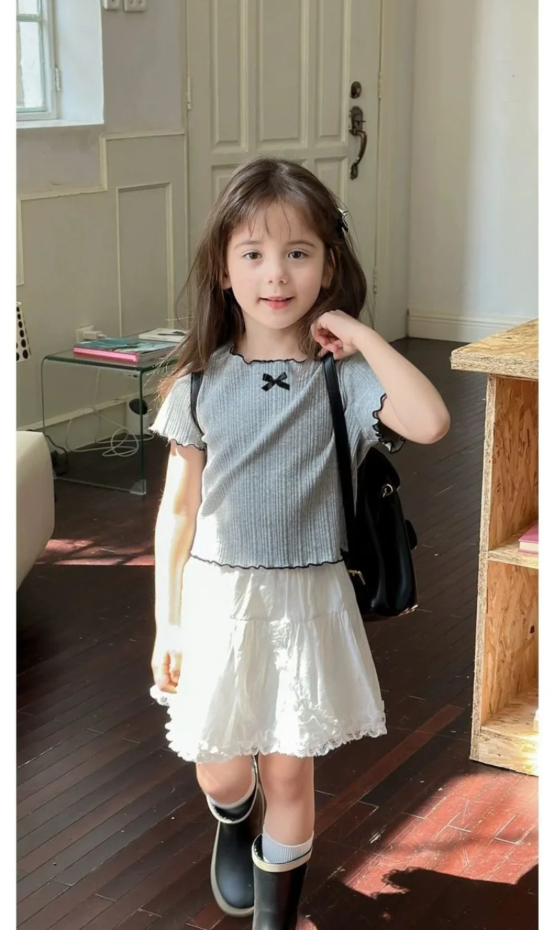1-12Y Girl's Shirts Korean-style Knitted Lace-Trimmed Short-Sleeve Summer Ruched Tops Trendy Breathable Bow Tie Versatile Tee