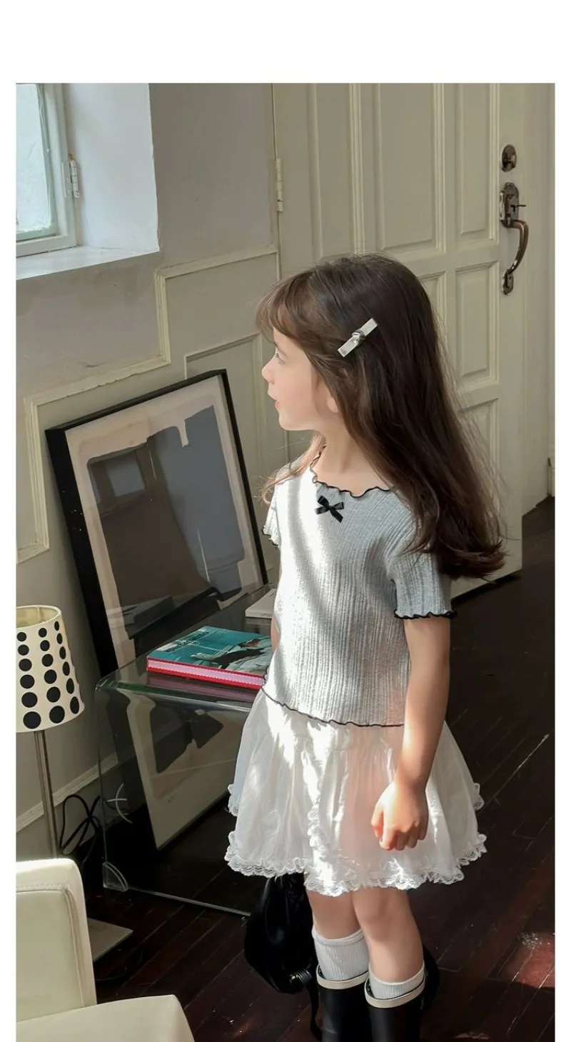 1-12Y Girl's Shirts Korean-style Knitted Lace-Trimmed Short-Sleeve Summer Ruched Tops Trendy Breathable Bow Tie Versatile Tee