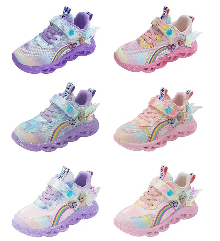 Disney Girls' Casual Shoes Led Lights Mesh Breathable Children's Sports  Princess Elsa Pink Purple Shoes Sneakers Size 22-35