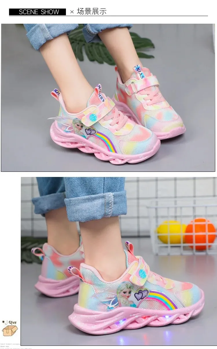 Disney Girls' Casual Shoes Led Lights Mesh Breathable Children's Sports  Princess Elsa Pink Purple Shoes Sneakers Size 22-35