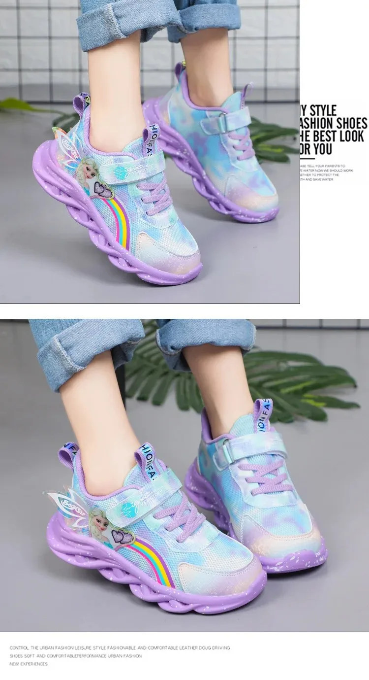 Disney Girls' Casual Shoes Led Lights Mesh Breathable Children's Sports  Princess Elsa Pink Purple Shoes Sneakers Size 22-35