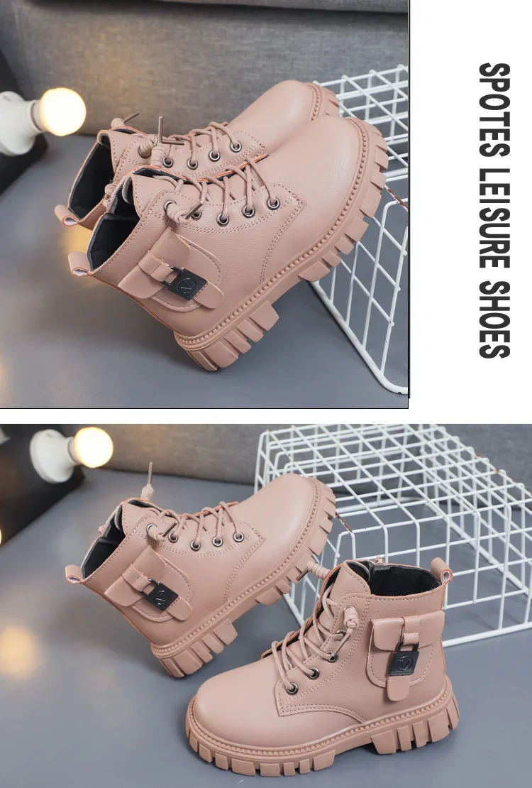 Children Leather Boots Girls Fashion Autumn Winter New Casual Comfortable Short Boots Warm Kids Versatile Anti-slip Cotton Boots