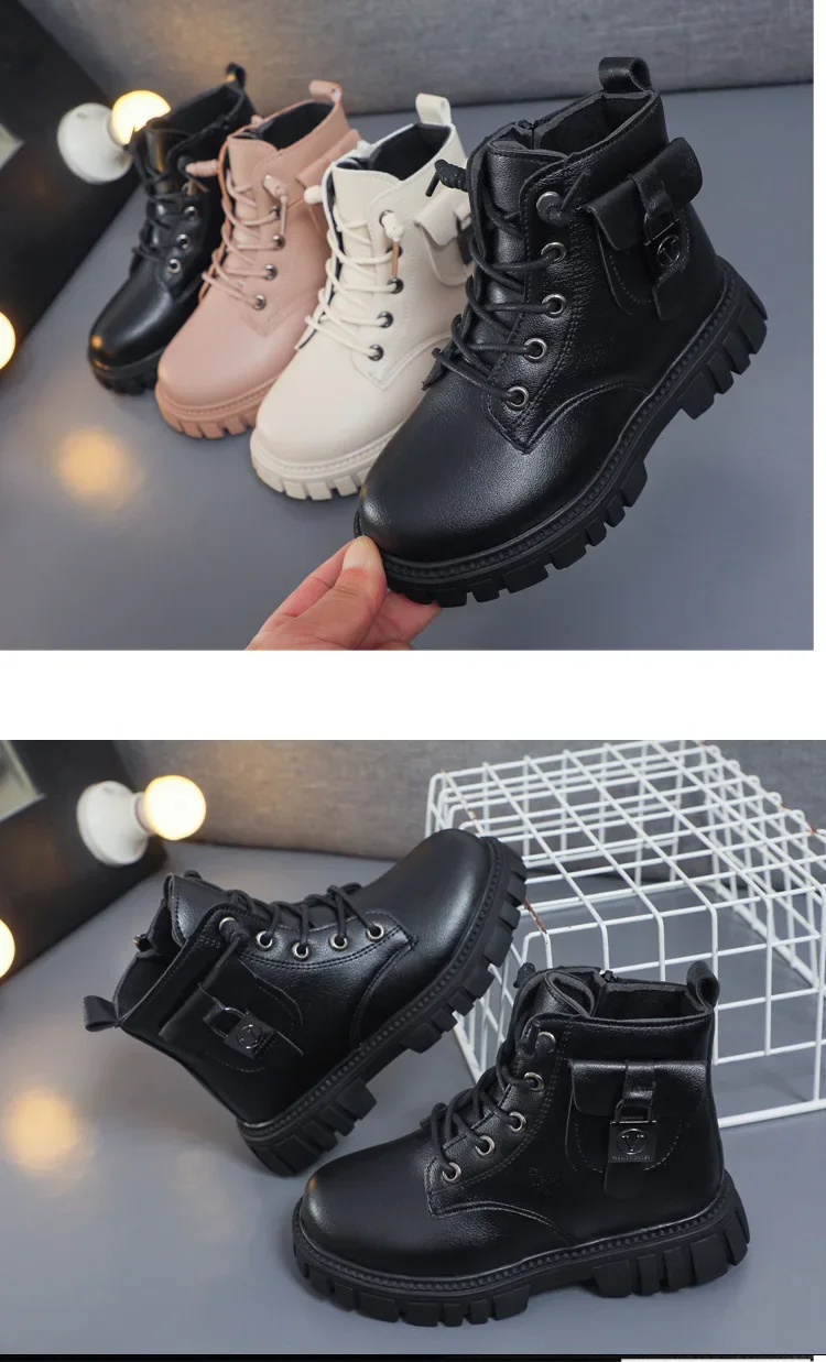 Children Leather Boots Girls Fashion Autumn Winter New Casual Comfortable Short Boots Warm Kids Versatile Anti-slip Cotton Boots