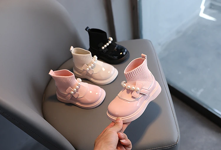 Girl's Short Boots Ankle-High Beading Autumn Fly-Woven Kids Sock Boot Wedges Flexiable Sweet Slip-on Toddler Children Boot 21-30