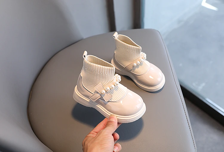 Girl's Short Boots Ankle-High Beading Autumn Fly-Woven Kids Sock Boot Wedges Flexiable Sweet Slip-on Toddler Children Boot 21-30