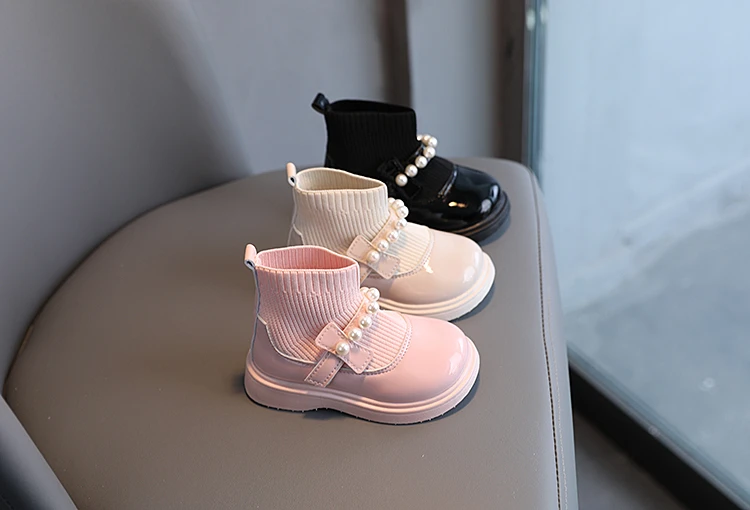 Girl's Short Boots Ankle-High Beading Autumn Fly-Woven Kids Sock Boot Wedges Flexiable Sweet Slip-on Toddler Children Boot 21-30