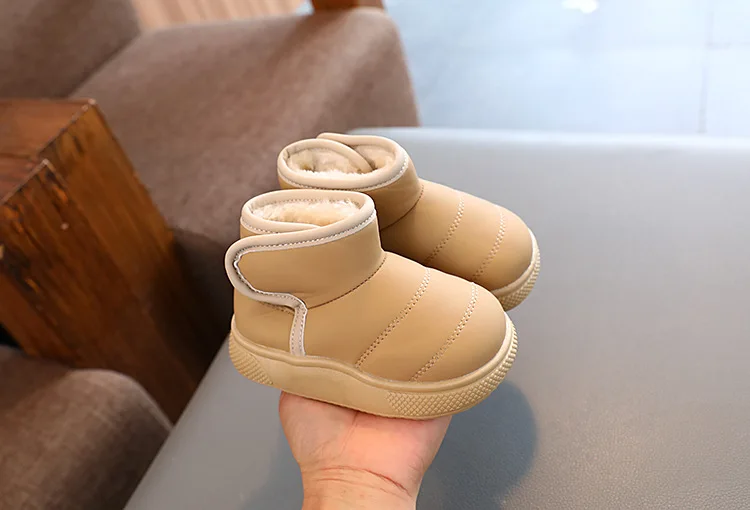 Children Short Boots Hook & Loop Kids Casual Leather Boots Non-slip Boys Girls Thick Warm Plush Fur Boots Simple 2024 Winter New