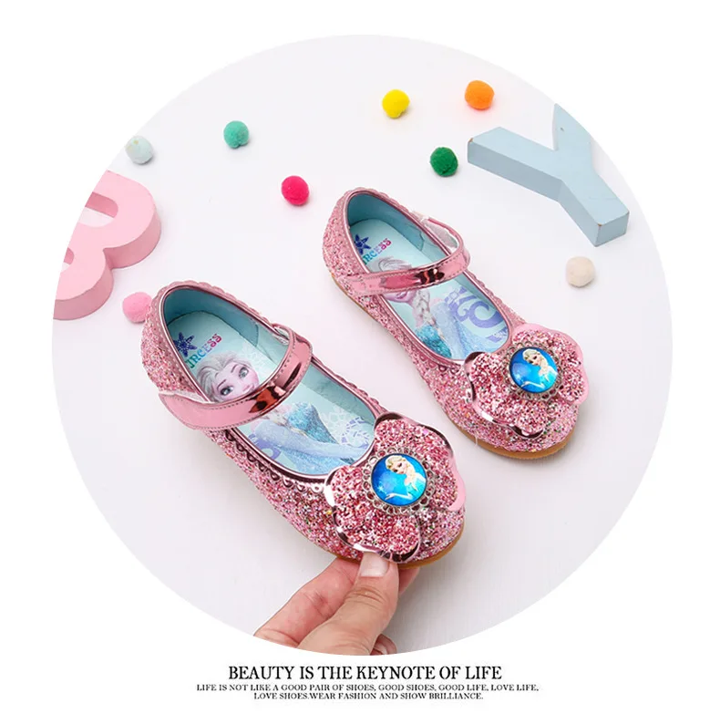 Disney Frozen Princess Elsa Cartoon Soft Sole Sandals Baby Girl Princess Shoes Crystal Shoes Children Flat Girl Leather Shoes