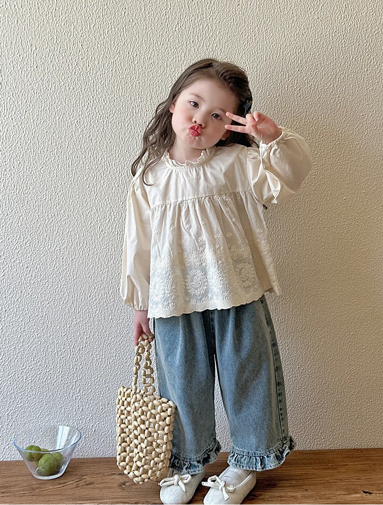Kids Jeans Girls New 2024 Spring  Autumn Childrens Fashion Casual Wide-leg Pants Lace Princess Sweet and Lovely