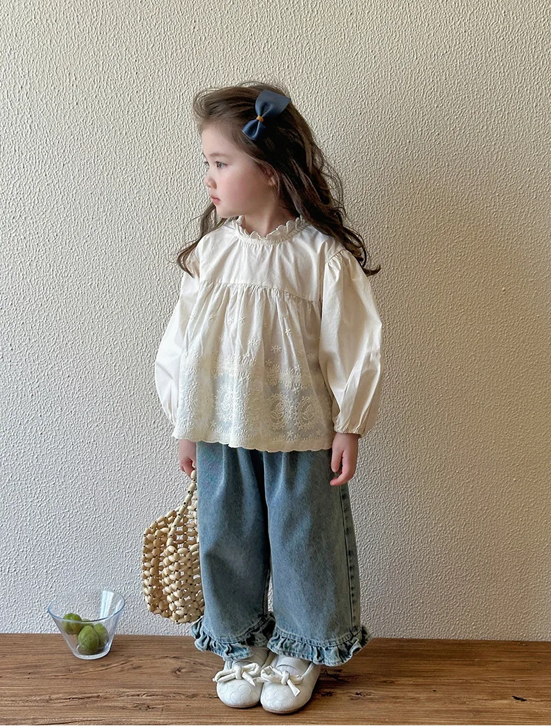 Kids Jeans Girls New 2024 Spring  Autumn Childrens Fashion Casual Wide-leg Pants Lace Princess Sweet and Lovely