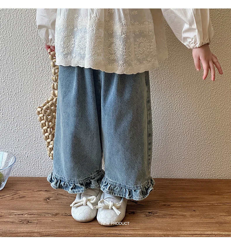 Kids Jeans Girls New 2024 Spring  Autumn Childrens Fashion Casual Wide-leg Pants Lace Princess Sweet and Lovely
