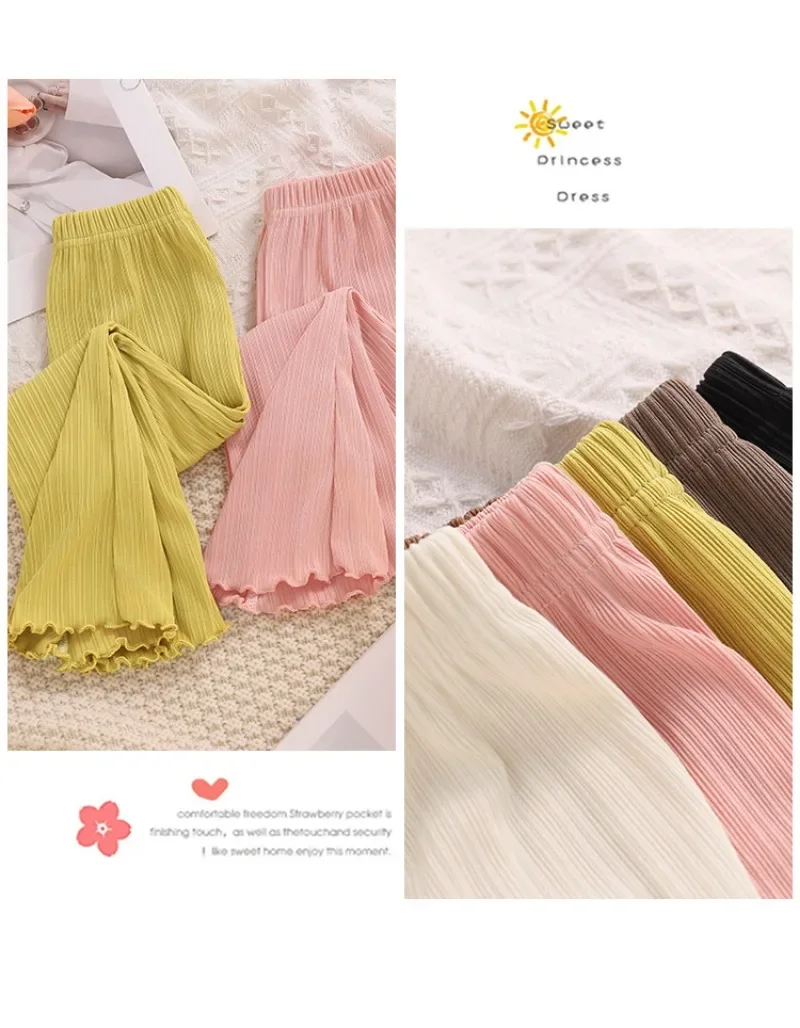 Kids Girls Summer Thin Wide Leg Pants 2024 New Arrival Children Casual Loose Silk Flare Pants Princess Casual Pants Korean Style