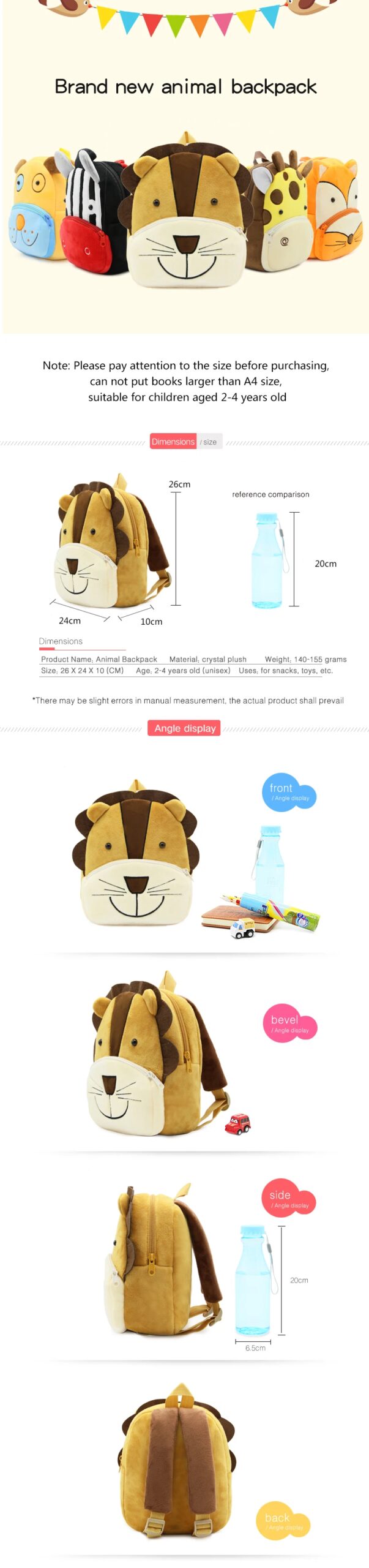 Boys Girls School Backpack Cute Animal Lion Kids Plush Backpack Kindergarten kids Bag