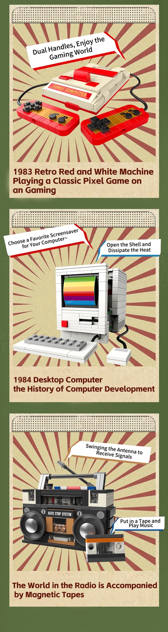 DIY Retro Electrical Appliances Furniture TV Computer Tape Walkman Play Game Consoles Radio Building Blocks Model Brick Set Toys