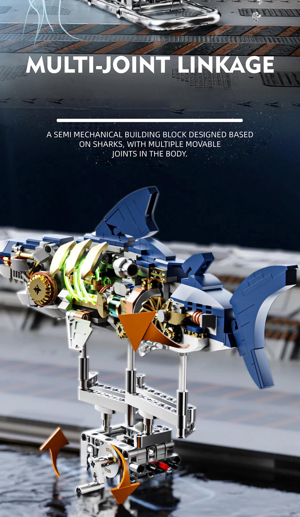 Creative Mechanical Shark Sea Animal Life Set With Light Display Stand Building Blocks Bricks Model Assembly Toys For Kid Gifts