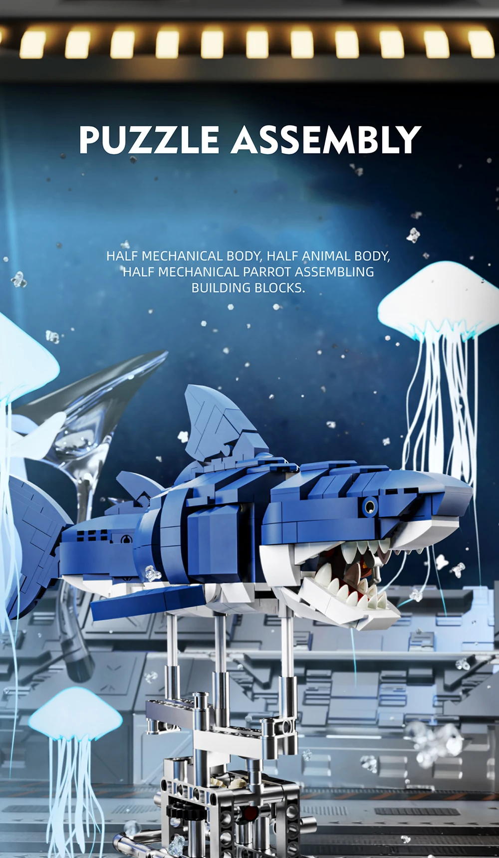 Creative Mechanical Shark Sea Animal Life Set With Light Display Stand Building Blocks Bricks Model Assembly Toys For Kid Gifts