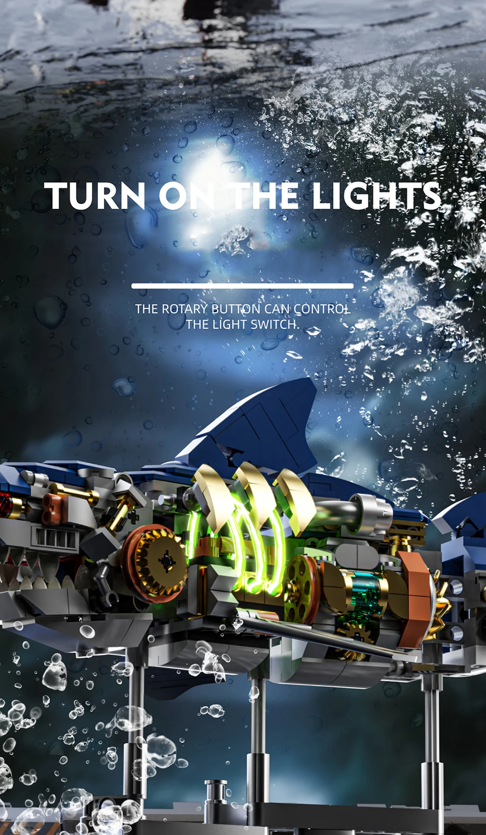 Creative Mechanical Shark Sea Animal Life Set With Light Display Stand Building Blocks Bricks Model Assembly Toys For Kid Gifts