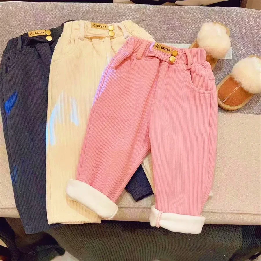 Kids Warm Pants Boy Girls Autumn Winter Corduroy Thick Outer Wear Sports Trousers 3-10Y Children Clothes Casual High Waist Pants