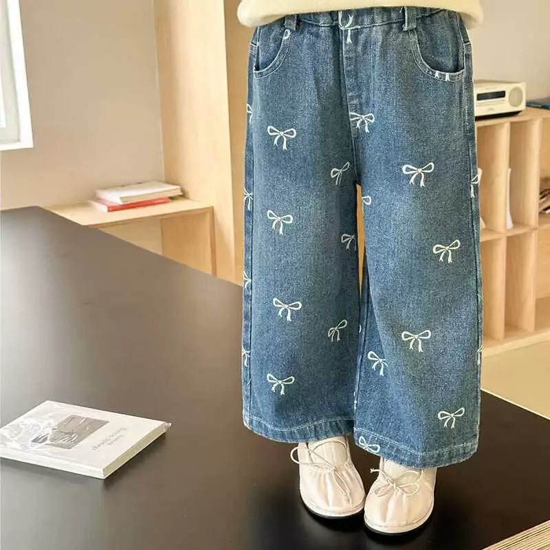 Children Bow Jeans Spring Autumn Printed Baby Girl's Trousers Straight Wide-leg Denim Pants Kids Casual Clothing 1-6 Years Children Bow Jeans Spring Autumn Printed Baby Girl's Trousers Straight Wide-leg Denim Pants Kids Casual Clothing 1-6 Years