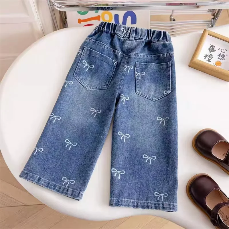 Children Bow Jeans Spring Autumn Printed Baby Girl's Trousers Straight Wide-leg Denim Pants Kids Casual Clothing 1-6 Years Children Bow Jeans Spring Autumn Printed Baby Girl's Trousers Straight Wide-leg Denim Pants Kids Casual Clothing 1-6 Years