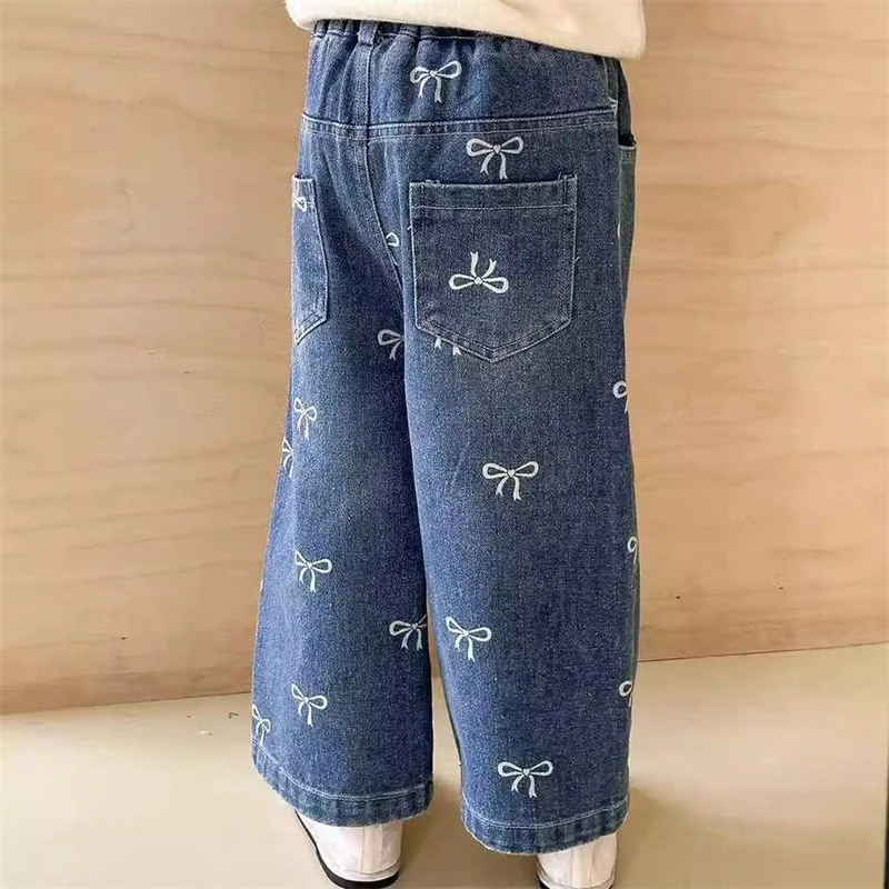 Children Bow Jeans Spring Autumn Printed Baby Girl's Trousers Straight Wide-leg Denim Pants Kids Casual Clothing 1-6 Years Children Bow Jeans Spring Autumn Printed Baby Girl's Trousers Straight Wide-leg Denim Pants Kids Casual Clothing 1-6 Years