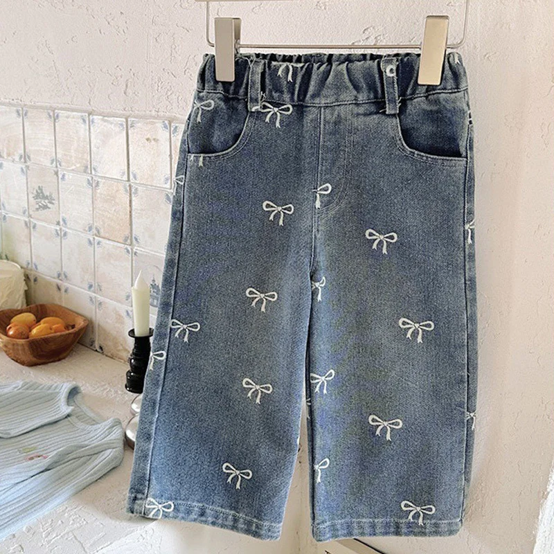 Children Bow Jeans Spring Autumn Printed Baby Girl's Trousers Straight Wide-leg Denim Pants Kids Casual Clothing 1-6 Years Children Bow Jeans Spring Autumn Printed Baby Girl's Trousers Straight Wide-leg Denim Pants Kids Casual Clothing 1-6 Years