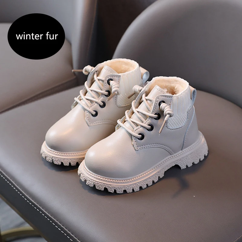 Kids Leather Chelsea Boots Waterproof Children Sneakers Beige Toddler Snow Boots Girl Winter Shoe Boy