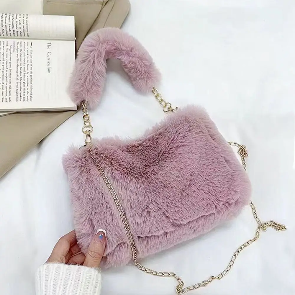 Fashion Women Fluffy Shoulder Bags Female Winter Chain Underarm Bag Solid Color Handbag Soft Plush Handle Bag