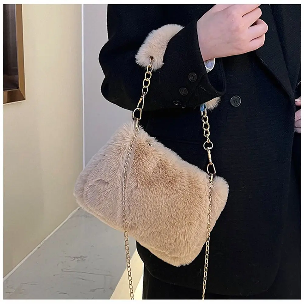 Fashion Women Fluffy Shoulder Bags Female Winter Chain Underarm Bag Solid Color Handbag Soft Plush Handle Bag