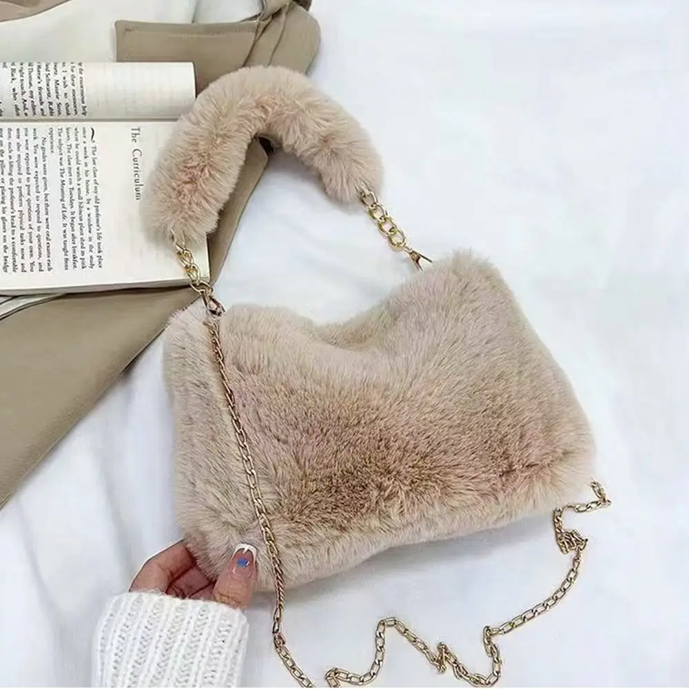 Fashion Women Fluffy Shoulder Bags Female Winter Chain Underarm Bag Solid Color Handbag Soft Plush Handle Bag