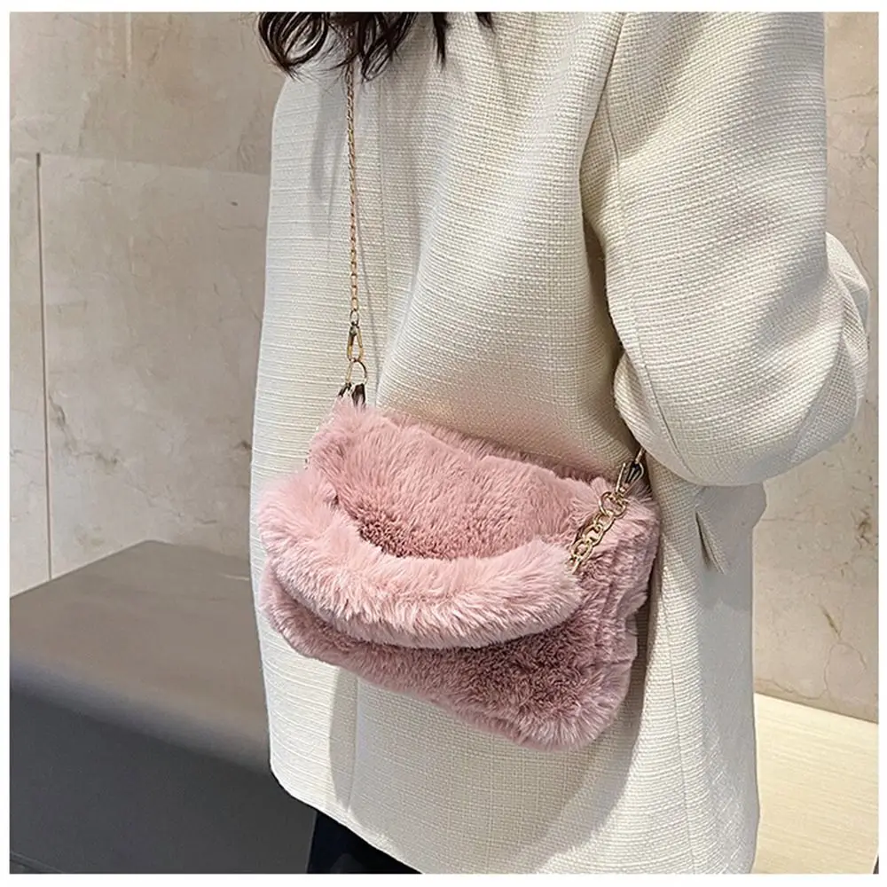 Fashion Women Fluffy Shoulder Bags Female Winter Chain Underarm Bag Solid Color Handbag Soft Plush Handle Bag