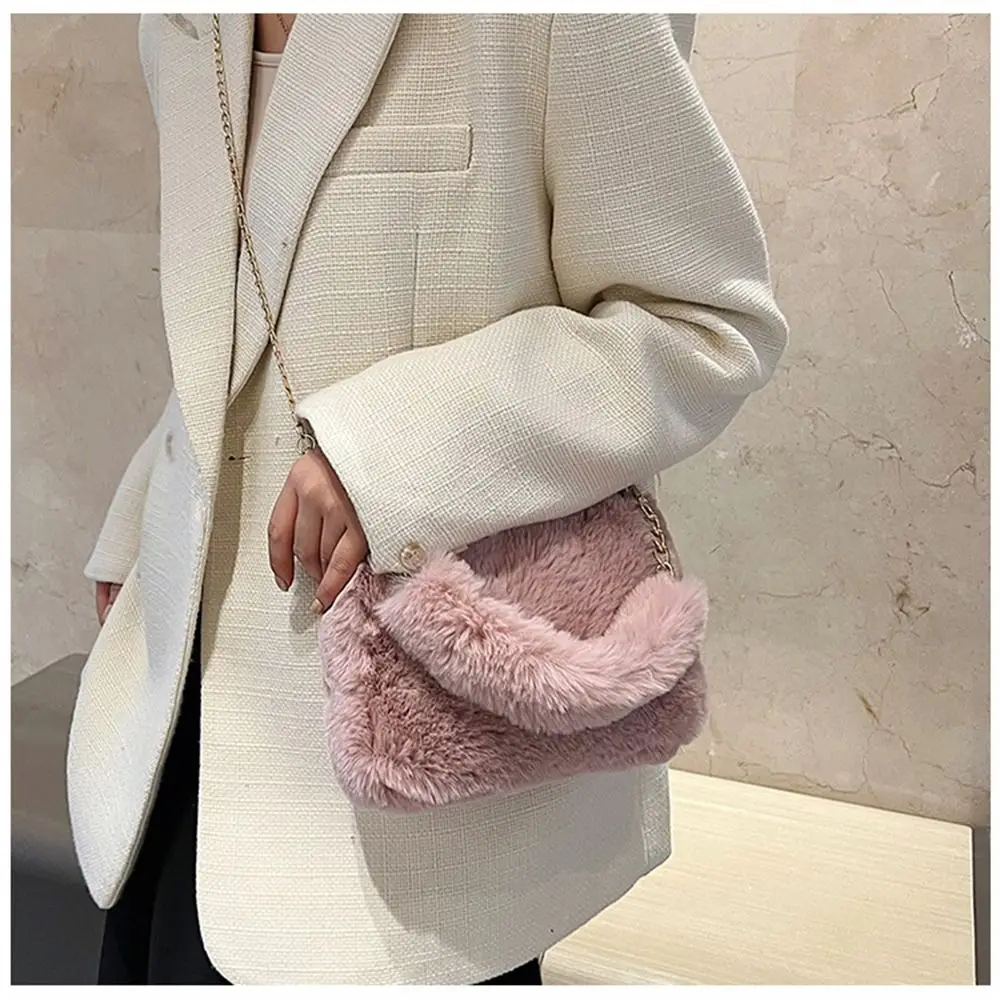 Fashion Women Fluffy Shoulder Bags Female Winter Chain Underarm Bag Solid Color Handbag Soft Plush Handle Bag