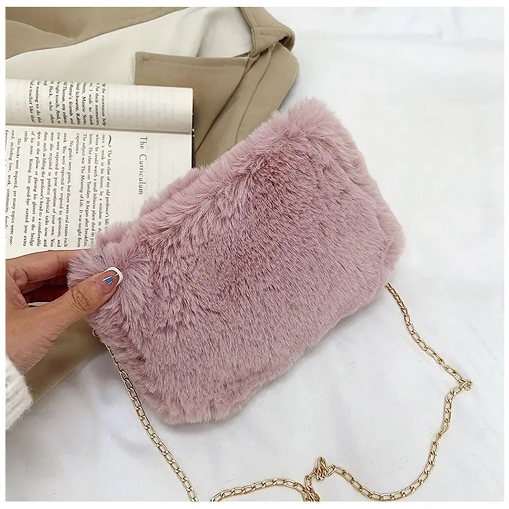 Fashion Women Fluffy Shoulder Bags Female Winter Chain Underarm Bag Solid Color Handbag Soft Plush Handle Bag