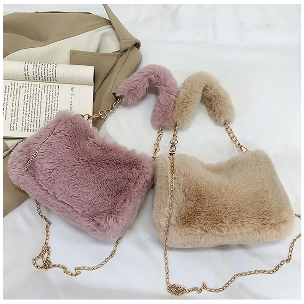 Fashion Women Fluffy Shoulder Bags Female Winter Chain Underarm Bag Solid Color Handbag Soft Plush Handle Bag