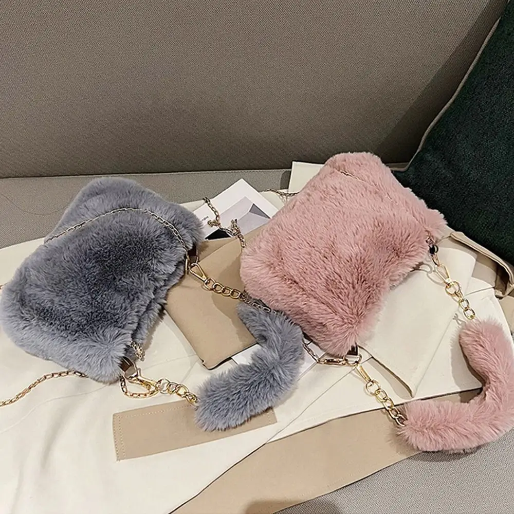Fashion Women Fluffy Shoulder Bags Female Winter Chain Underarm Bag Solid Color Handbag Soft Plush Handle Bag