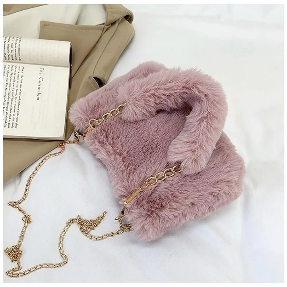 Fashion Women Fluffy Shoulder Bags Female Winter Chain Underarm Bag Solid Color Handbag Soft Plush Handle Bag